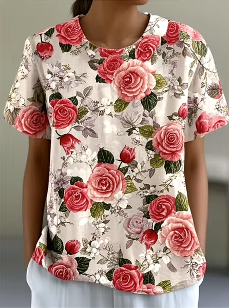 

Casual Floral Crew Neck Short Sleeve T-shirt, Apricot, T-shirts
