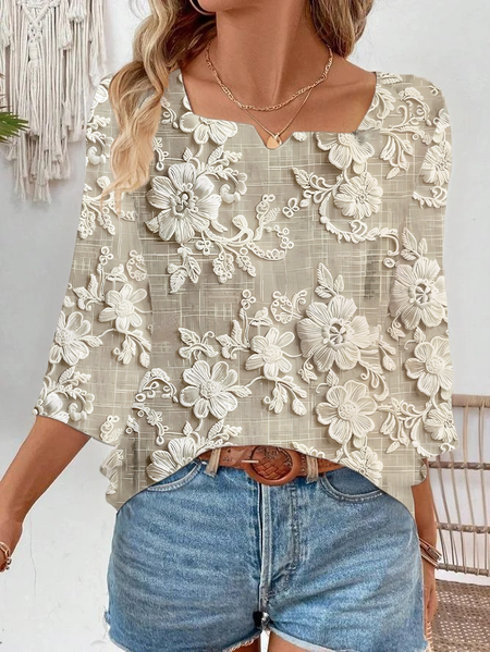 

Women Floral Three Quarter Sleeve Blouse Spring/Fall Printing Notched Daily Casual Top, As picture, Blouses