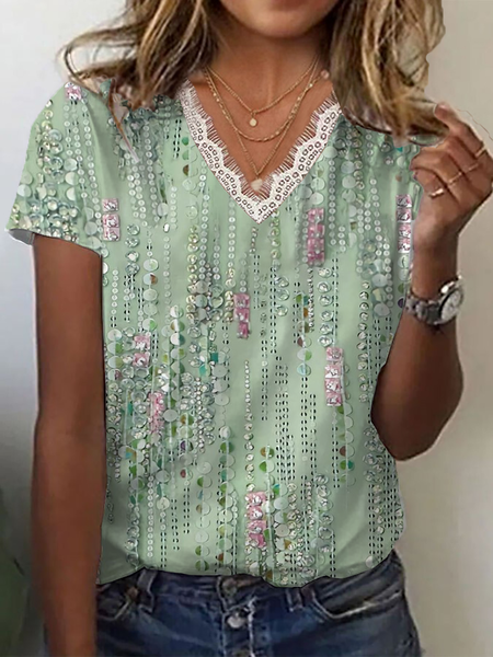 

Casual Abstract Stripes V Neck Short Sleeve T-shirt, Green, T-shirts