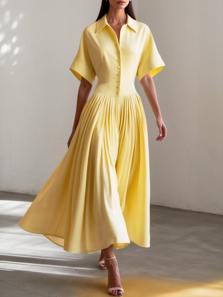 Elegant Plain Gathered Shirt Collar Midi Dress, Yellow, Midi Dresses