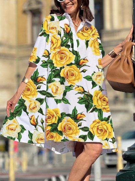 Casual Floral Printing Shirt Collar Loosen Knee Length Dress, Yellow, Mini Dresses
