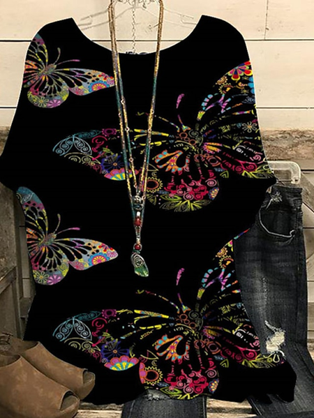 

Vintage Butterfly Crew Neck Three Quarter Sleeve T-shirt, As picture, T-shirts