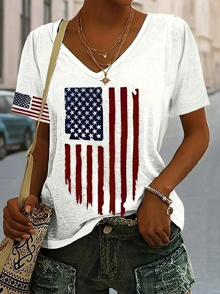 

Casual America Flag V Neck Short Sleeve T-shirt, As picture, T-shirts