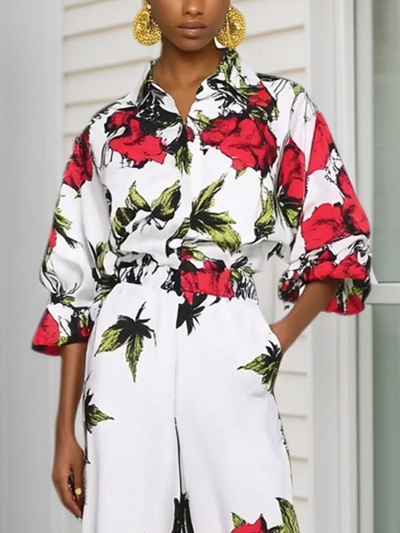 Elegant Floral Printing Shirt Collar Balloon Sleeve Shirt, As picture, Blouses and Shirts