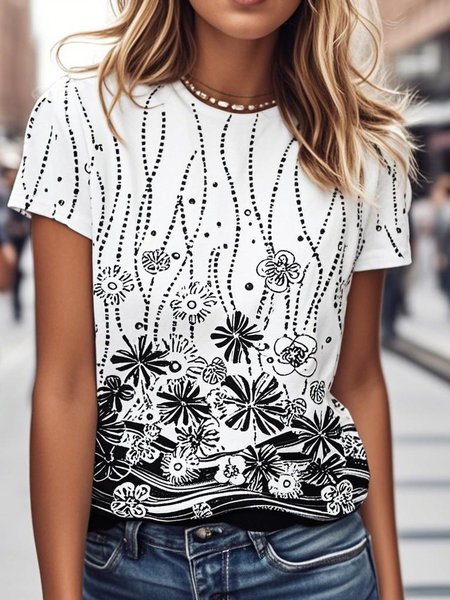 

Casual Floral Crew Neck Short Sleeve T-shirt, White, T-shirts