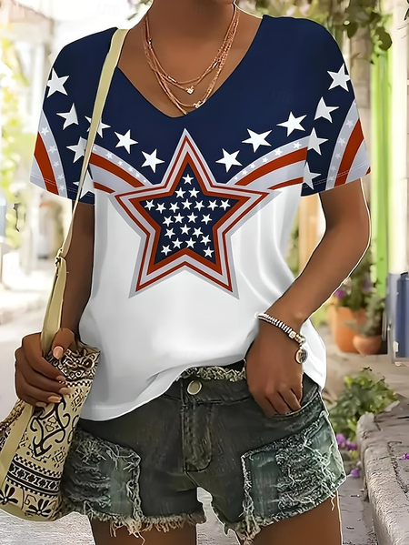 

Casual America Flag V Neck Short Sleeve T-shirt, As picture, T-shirts