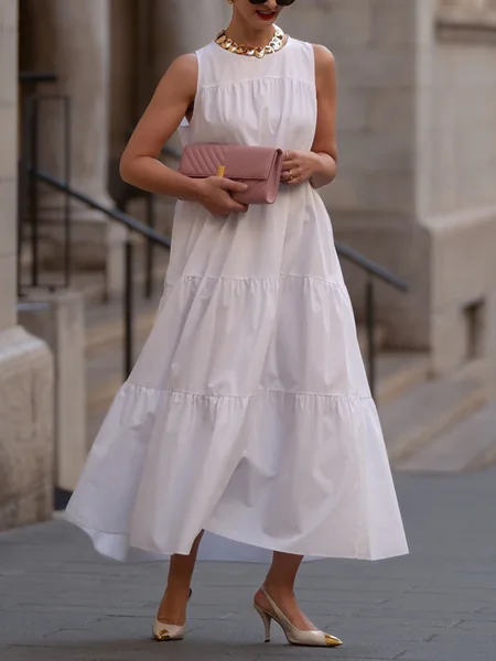 

Cotton Casual Plain Ruched Crew Neck Maxi Dress, White, Maxi Dresses