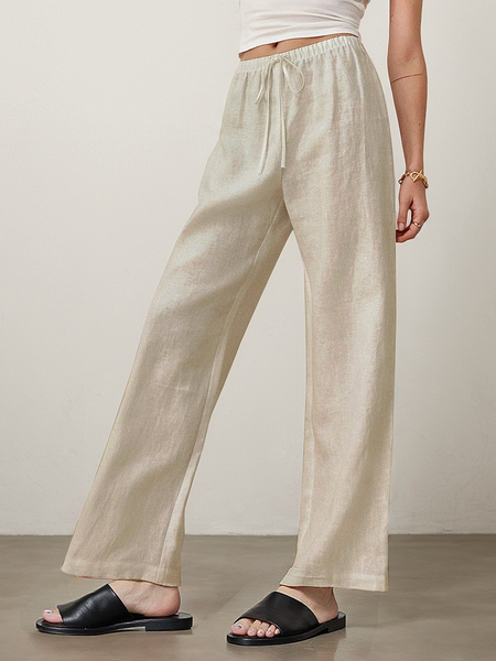 

Casual Plain Straight linen-cotton Pants, Apricot, Pants