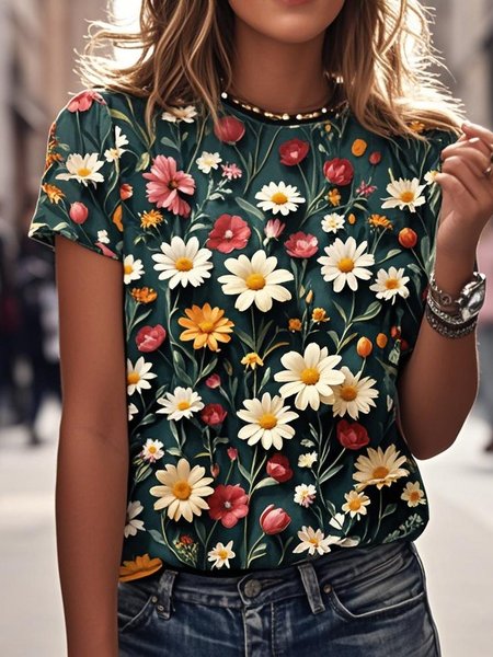 

Casual Floral Crew Neck Short Sleeve T-shirt, Green, T-shirts