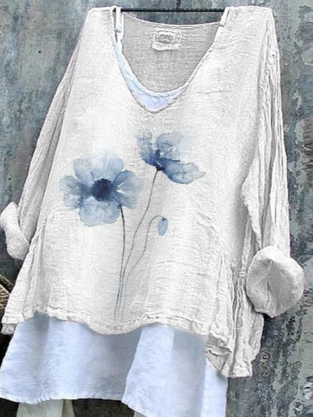 

Women's Long Sleeve Blouse Spring/Fall White Floral Printing V Neck Daily Going Out Casual Top, Long Sleeves