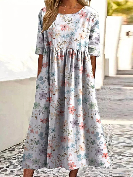 

Women Floral Crew Neck Short Sleeve Comfy Casual Maxi Dress, As picture, Dresses