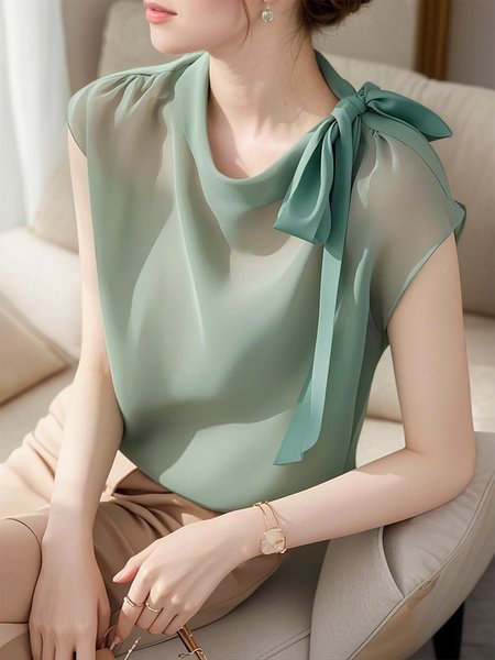 

Elegant Plain Bow Stand Collar Blouse, Green, Blouses and Shirts