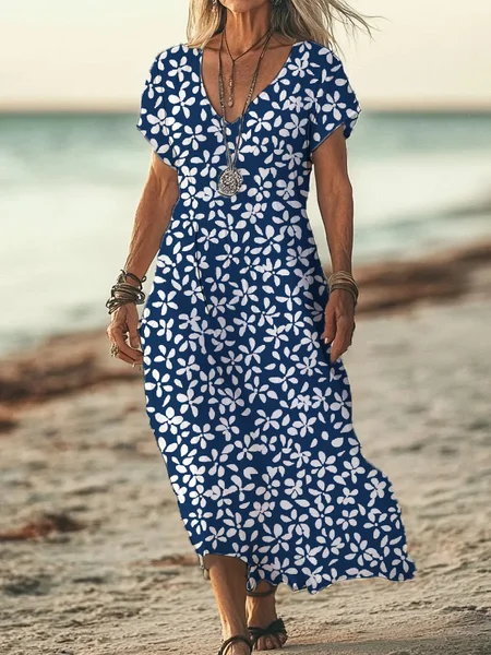 

Women's Floral Print Casual V-Neck Short Sleeve Dress, Purplish blue, Maxi Dresses