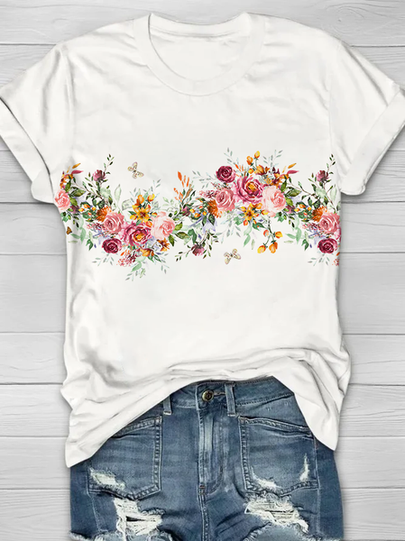 

Women Floral Short Sleeve Tee T-shirt Crew Neck Printing Casual Summer Graphic Tee Top, White, T-Shirts