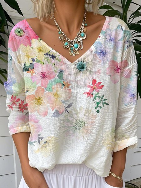 

Casual Floral V Neck Long Sleeve T-shirt, White, T-shirts