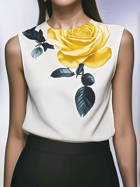 

Urban Floral Printing Crew Neck Tank Top, As picture, Tanks and Camis