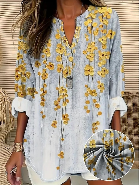 Shawl Collar Half Sleeve Floral Regular Loose Blouse For Women, As picture, Blouses