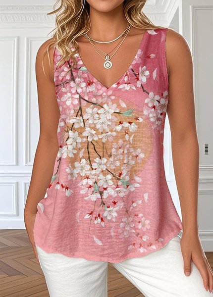 

Casual Floral V Neck Sleeveless T-shirt, As picture, Tanks & Camis