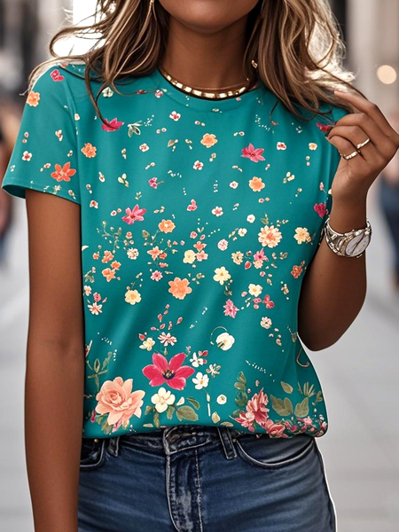 

Casual Floral Crew Neck Short Sleeve T-shirt, Green, T-shirts