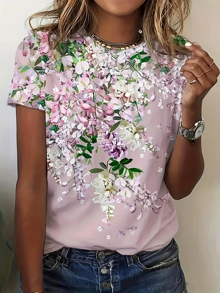 

Casual Floral Crew Neck Short Sleeve T-shirt, As picture, T-shirts