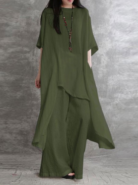 

Casual Plain Crew Neck Two-Piece Set, Army green, Suits