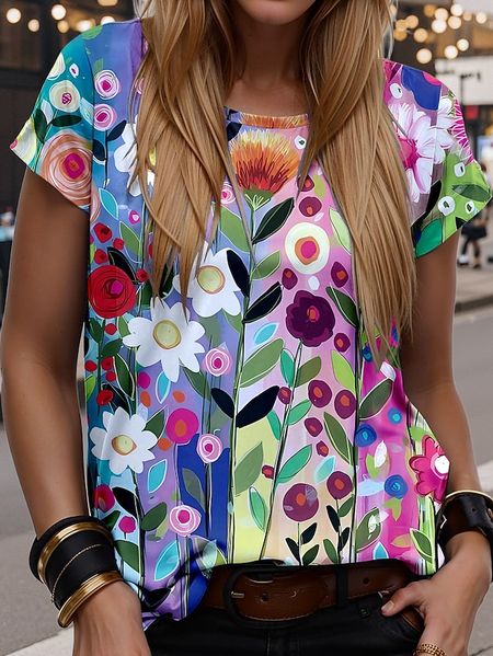 

Casual Geometric Crew Neck Short Sleeve T-shirt, As picture, T-shirts