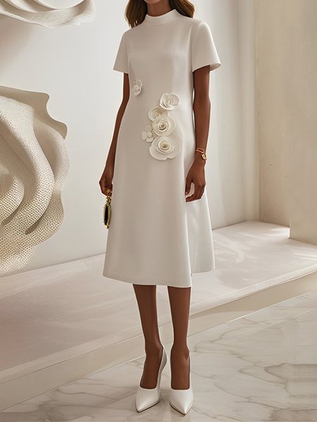 

Elegant Plain 3D Floral Stand Collar Midi Dress, White, Midi Dresses