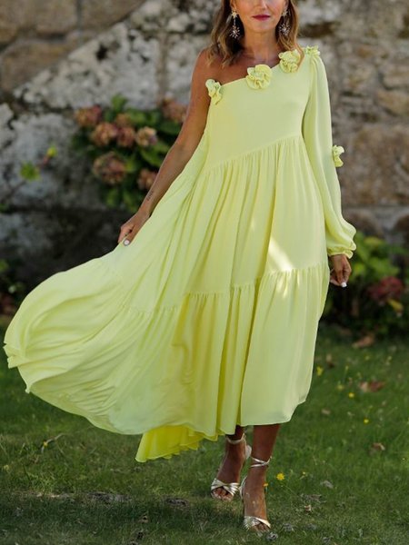 

Vacation Plain 3D Floral One Shoulder Maxi Dress, Yellow, Maxi Dresses