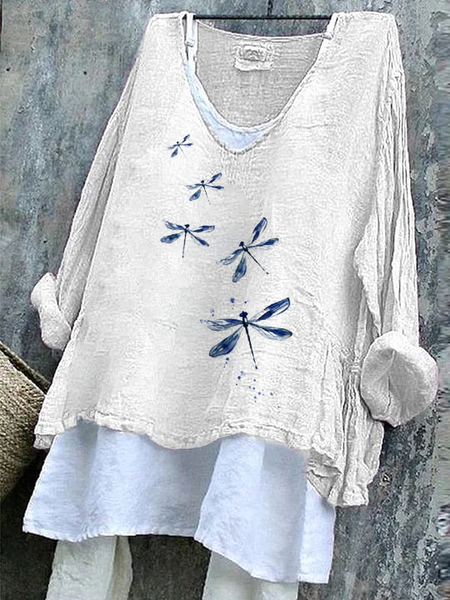 

Women Dragonfly Long Sleeve Blouse Spring/Fall Printing V Neck Daily Casual Top, White, Blouses