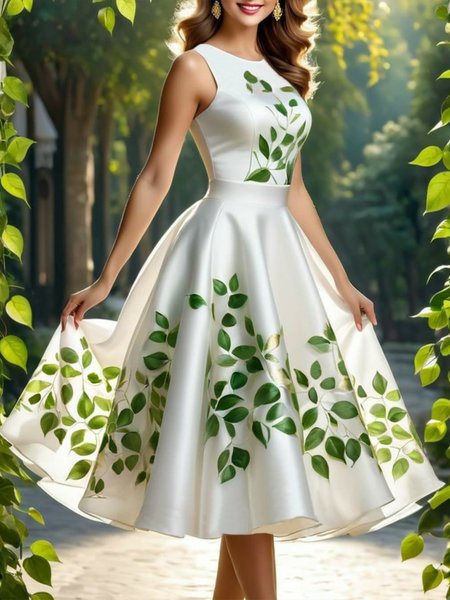 

Elegant Plants Printing Crew Neck Knee Length Dress, Green, Midi Dresses