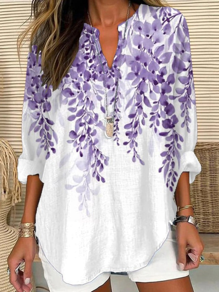 

Shawl Collar Half Sleeve Floral Regular Loose Blouse For Women, Purple, Blouses