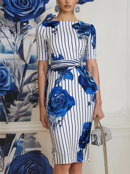

Elegant Floral Printing Boat Neck Knee Length Dress, Blue, Midi Dresses