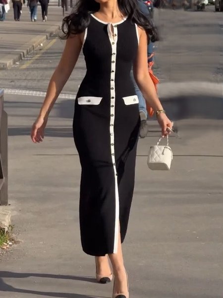 Elegant Color Block Buttoned Crew Neck Maxi Sweater Dress, Black, Maxi Dresses