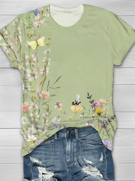 Women Floral Short Sleeve Tee T-shirt Crew Neck Printing Casual Summer Graphic Tee Top, Green, T-Shirts