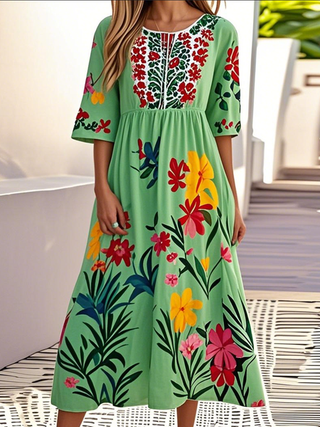 

Women Floral Crew Neck Short Sleeve Comfy Casual Maxi Dress, Green, Maxi