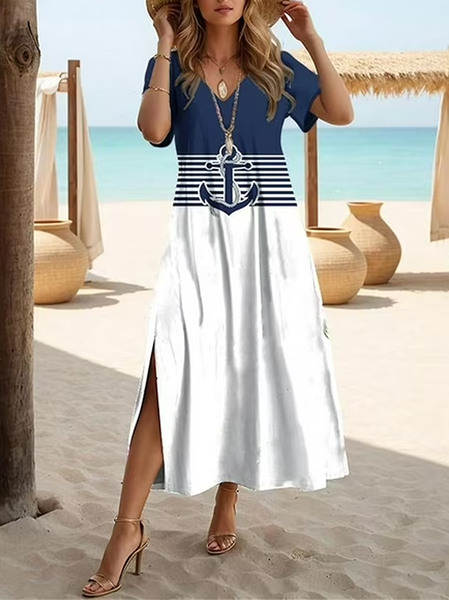 

Women Anchor V Neck Short Sleeve Comfy Casual Printing Maxi Dress, Blue-white, Dresses