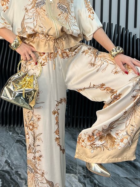 Elegant Floral Printing Wide Leg Pants, As picture, Pants