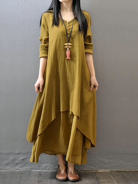Casual Plain V Neck Maxi Dress, Yellow, Maxi Dresses