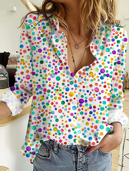 Shirt Collar Long Sleeve Polka Dots Regular Micro-Elasticity Regular Fit Shirt For Women, As picture, Shirts