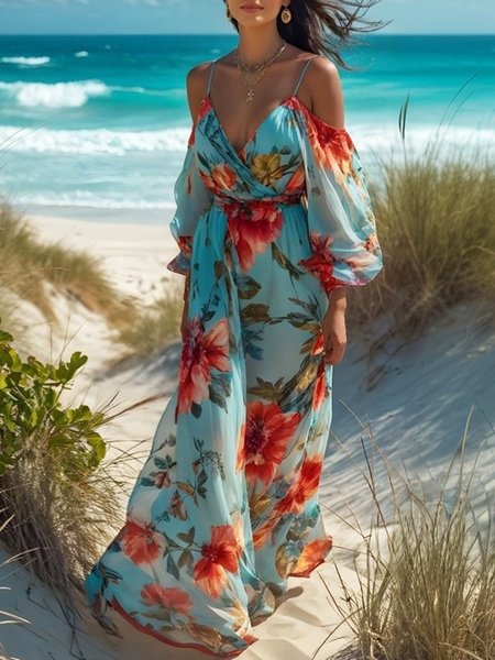 Vacation Floral Off Shoulder Sleeve Printing V Neck Maxi Dress, As picture, Maxi Dresses