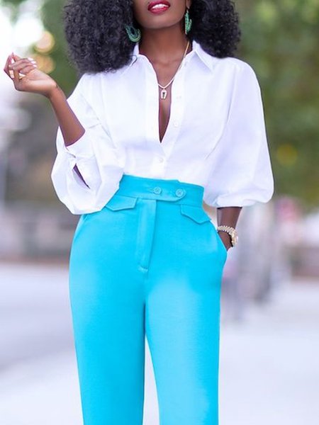 

Cotton Urban Plain Shirt Collar Balloon Sleeve Shirt, White, Blouses and Shirts