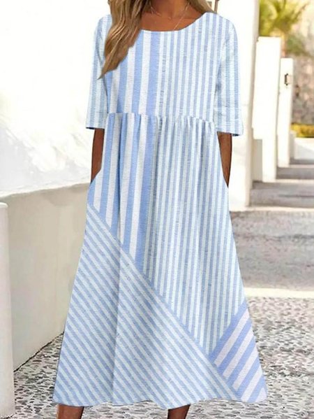 

Crew Neck Loose Casual Multicolor Block Dress With No, Blue, Maxi Dresses