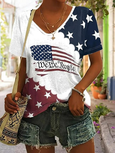 

Casual America Flag V Neck Short Sleeve T-shirt, As picture, T-shirts