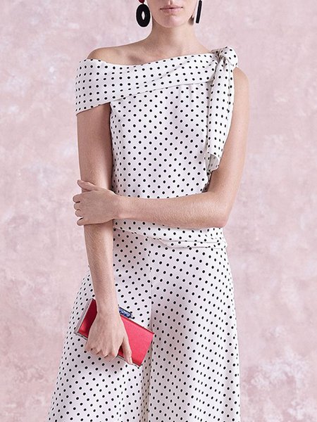 Elegant Polka Dots Lace-up One Shoulder Tank Top, White, Tanks and Camis
