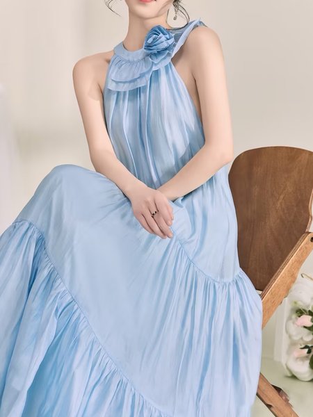 Elegant Plain 3D Floral Halter Maxi Dress With Belt, Blue, Maxi Dresses
