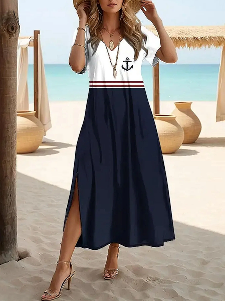 

Women Anchor Short Sleeve Summer Printing Dress V Neck Daily Casual Maxi X-Line Dress, Purplish blue, Casual Dresses