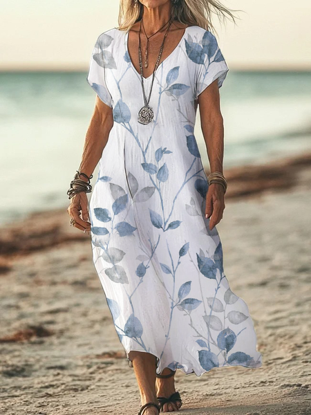 Women's Floral Print Casual V-Neck Short Sleeve Dress, White, Maxi Dresses