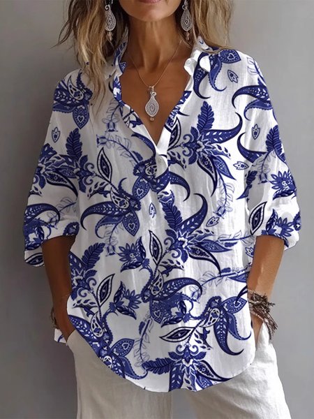 

Vacation Floral Shirt Collar Blouse, Blue, Blouses & Shirts