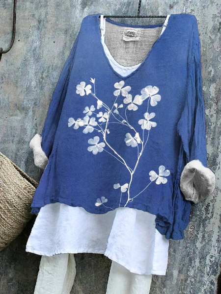 

Casual Floral Crew Neck Long Sleeve T-shirt, Blue, T-shirts