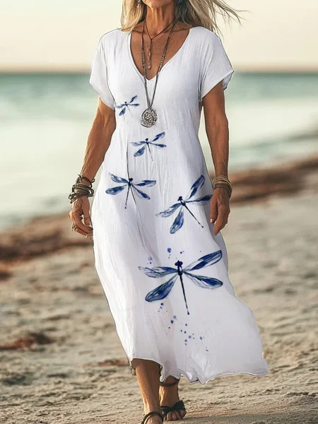 

Women's Dragonfly Print Casual V-Neck Short Sleeve Dress, White, Maxi Dresses